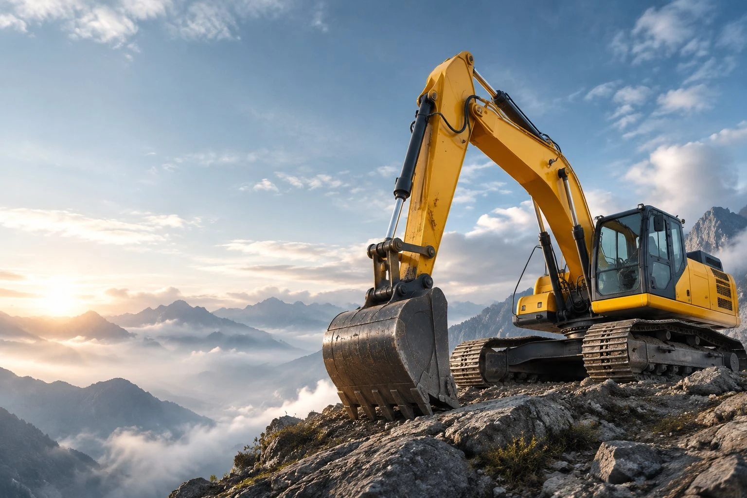 Yellow crawler excavator on a mountain ridge